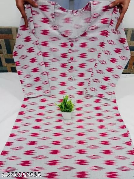 Women's Printed Full-Stitched Cotton Straight Pink White Kurti