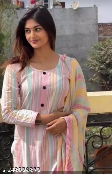 Women's Lining Patti Full-Stitched Cotton Straight Khadi Kurti Set